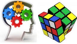 Human head with four levers examining a Rubik's Cube.